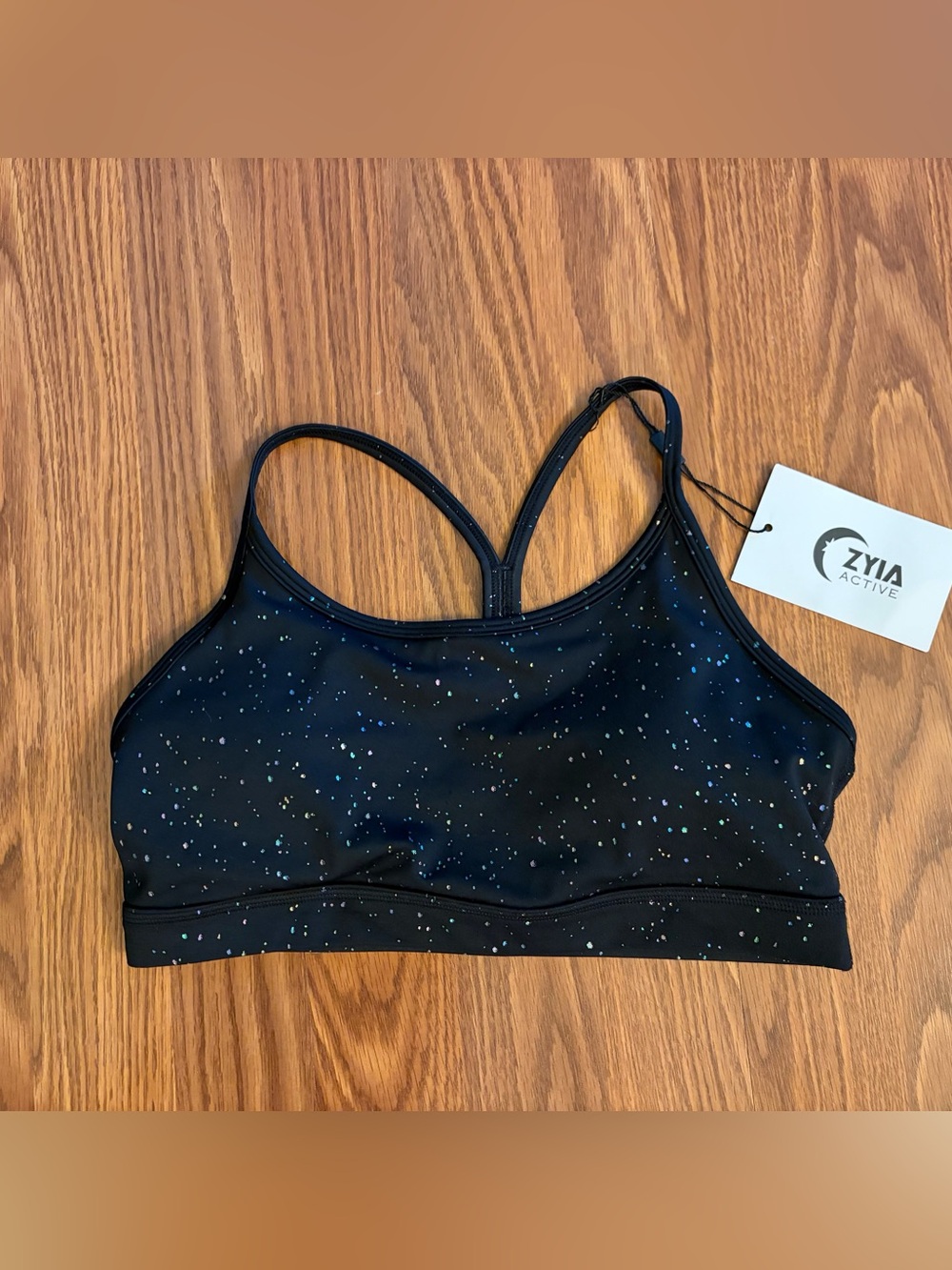 ZYIA Active Black Reflective Mirage Brilliant Racerback Sports Bra NWT